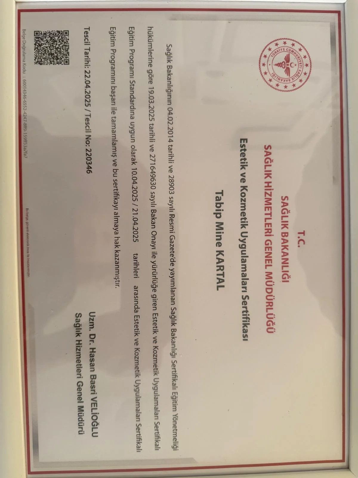 Dr. Mine Kartal eğitim sertifikası