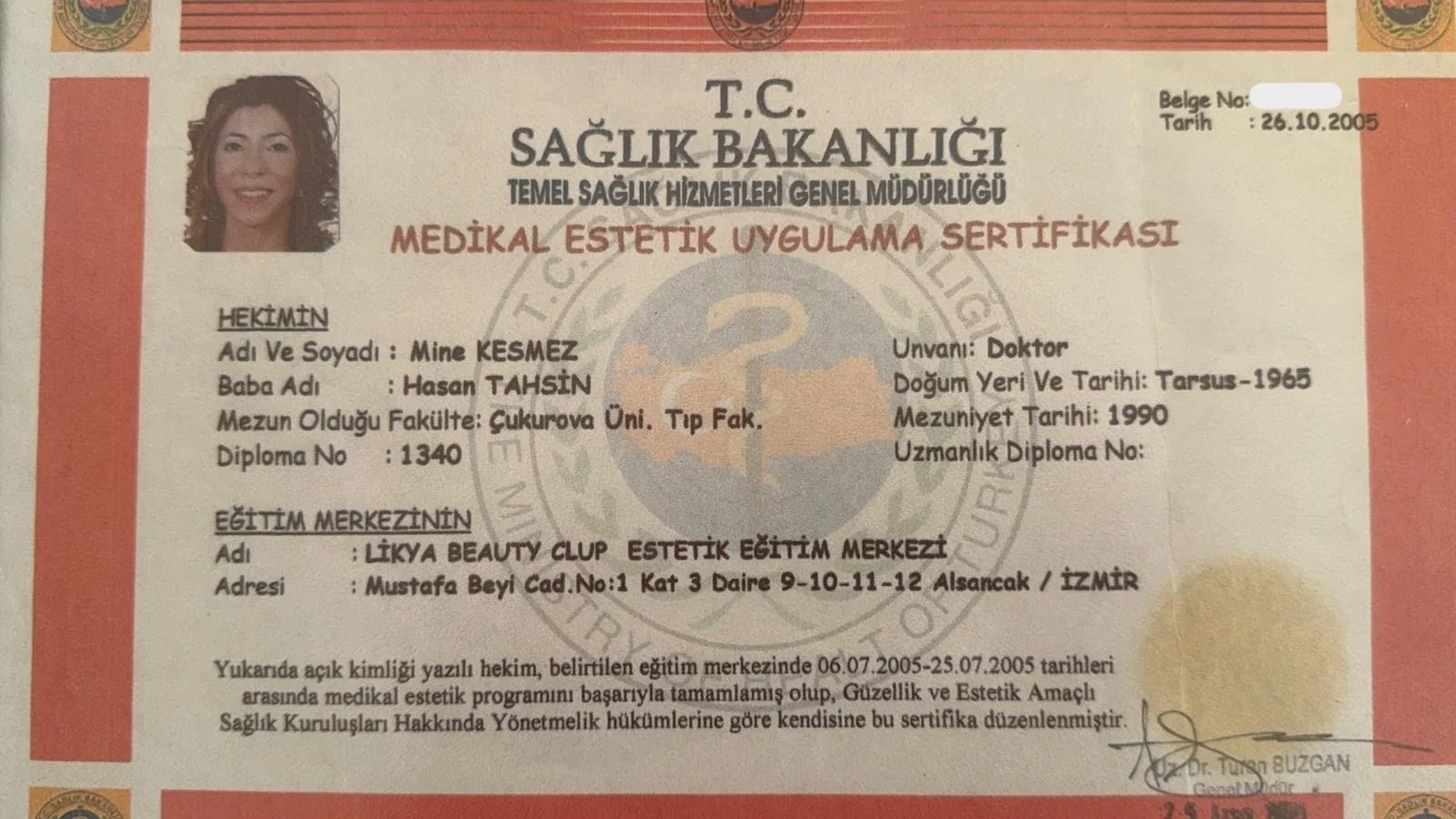 Dr. Mine Kartal eğitim sertifikası
