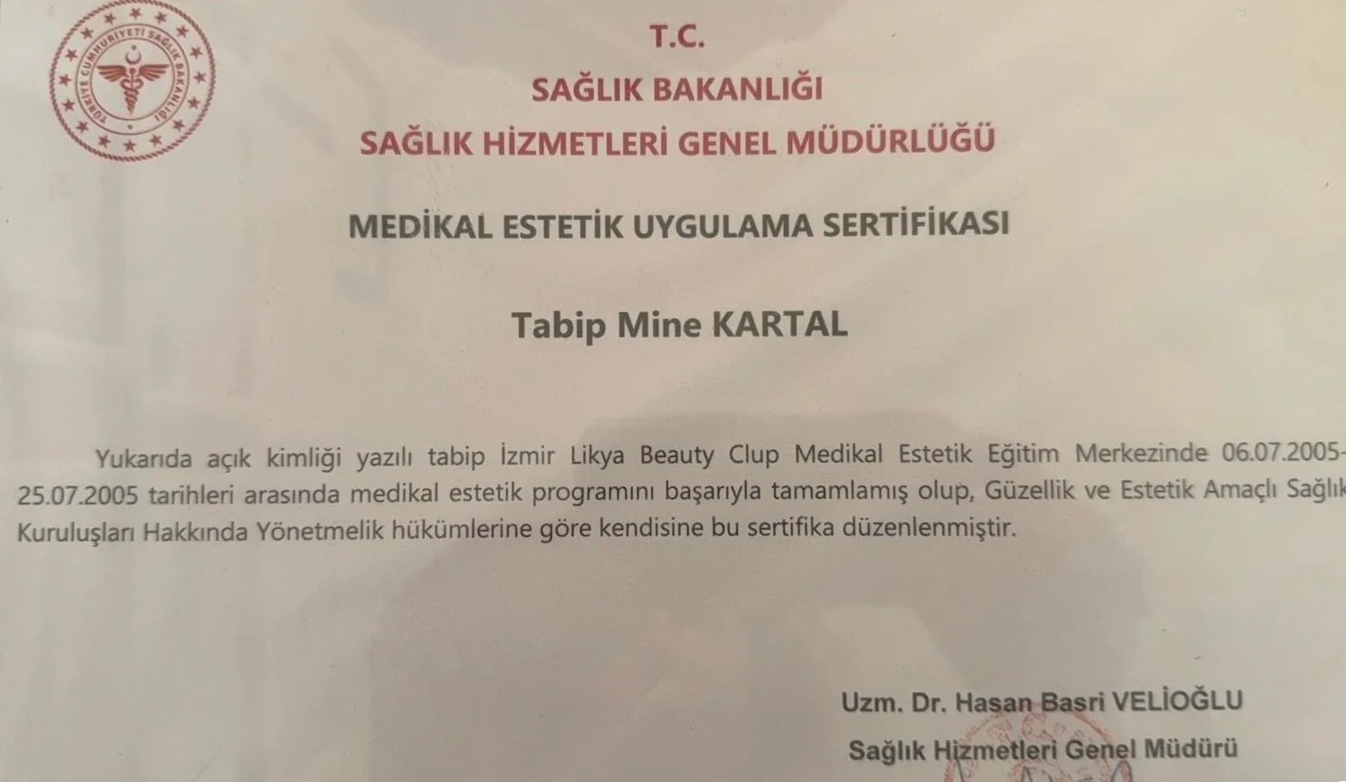 Dr. Mine Kartal eğitim sertifikası
