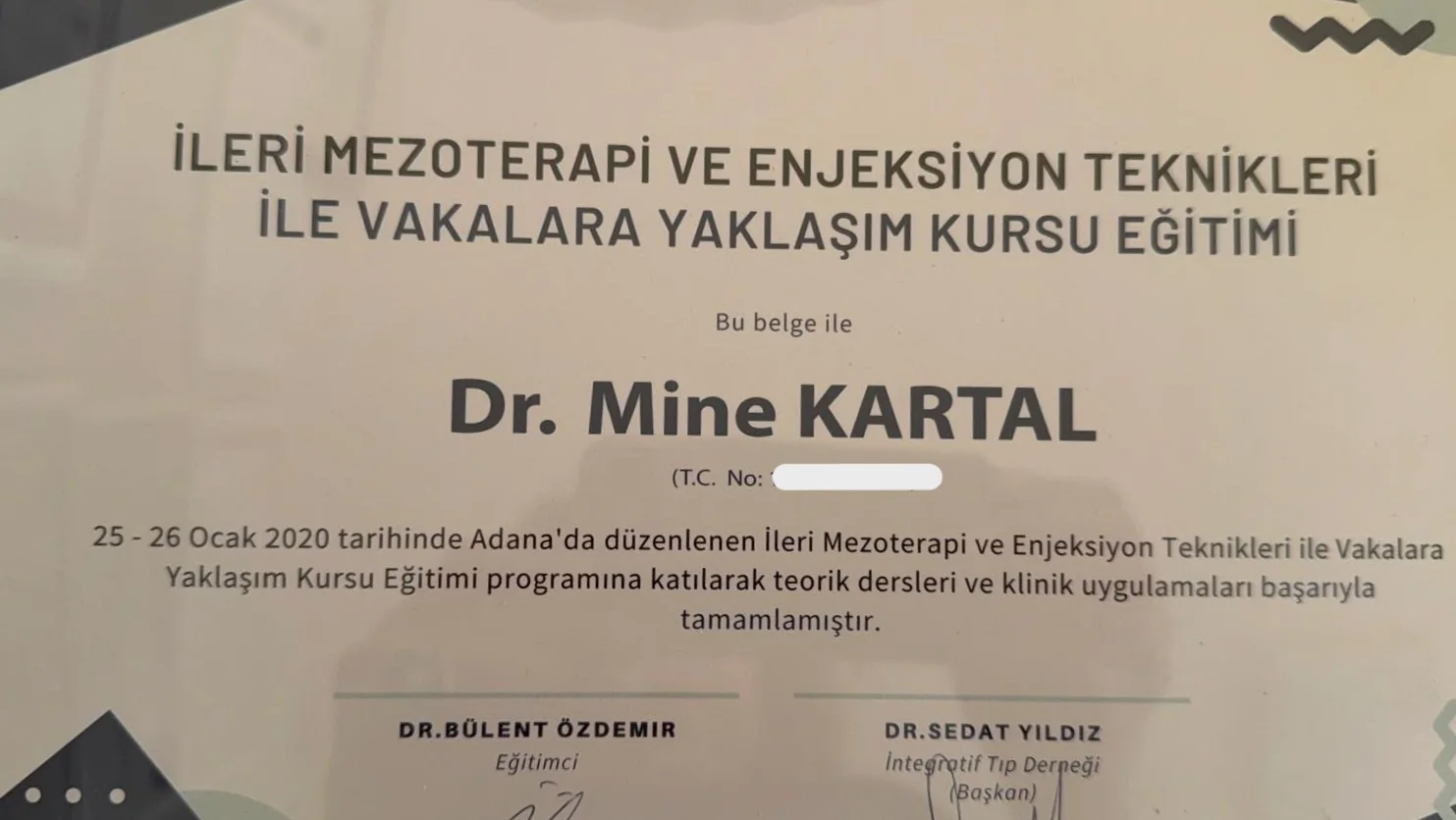Dr. Mine Kartal eğitim sertifikası
